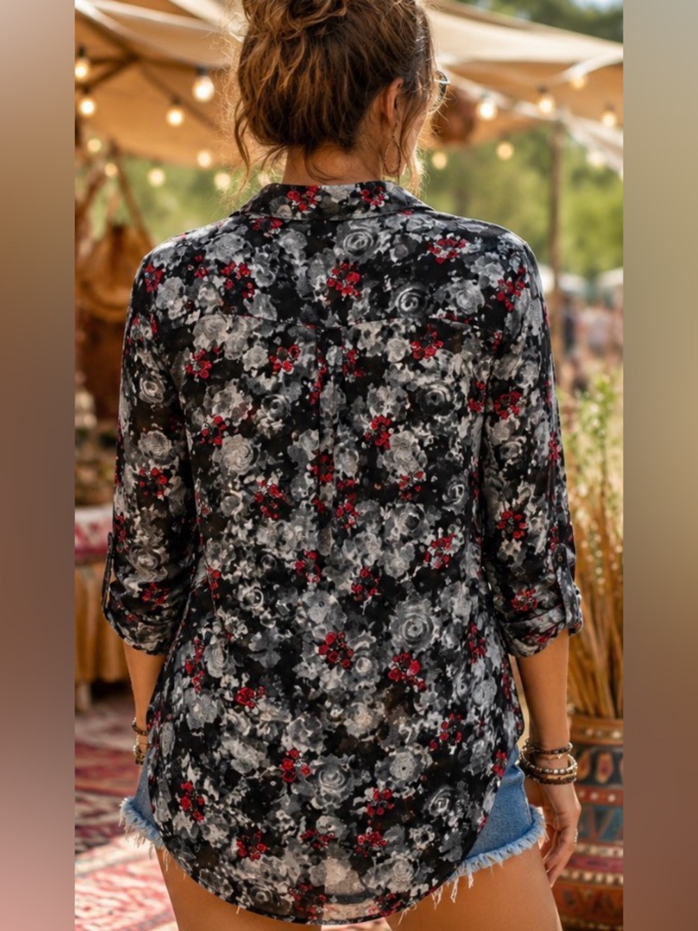 Rock & Republic Floral Button Down Blouse Large Black Gray Red High Low Hem - Picture 3 of 12